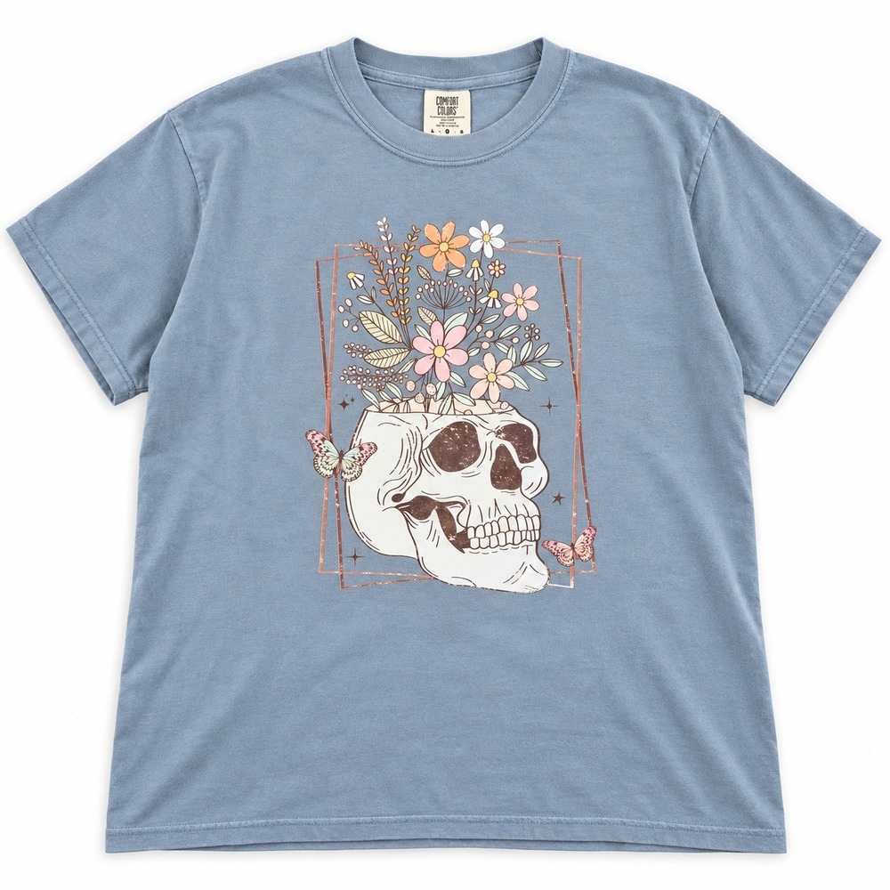 Comfort Colors Floral Skull Graphic T-Shirt Blue Gray Heavyweight Cotton Large